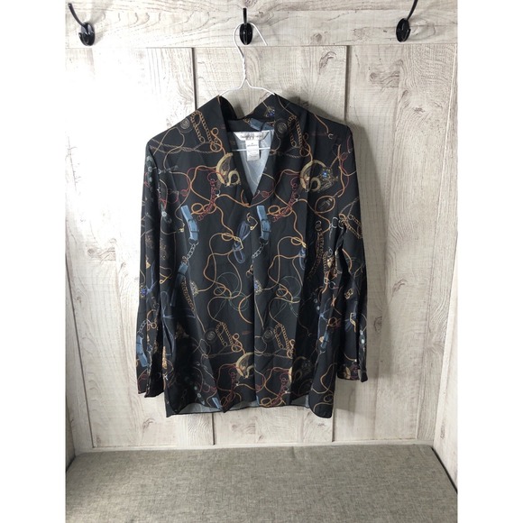 drapers & damons Tops - Drapers & Damons Womens Black Equestrian Chain Print V-Neck Blouse Size M
